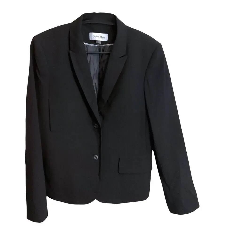 CALVIN KLEIN Blazer Jacket Women's Size 10 Black Lined Stretch 2 Buttons - Picture 2 of 10